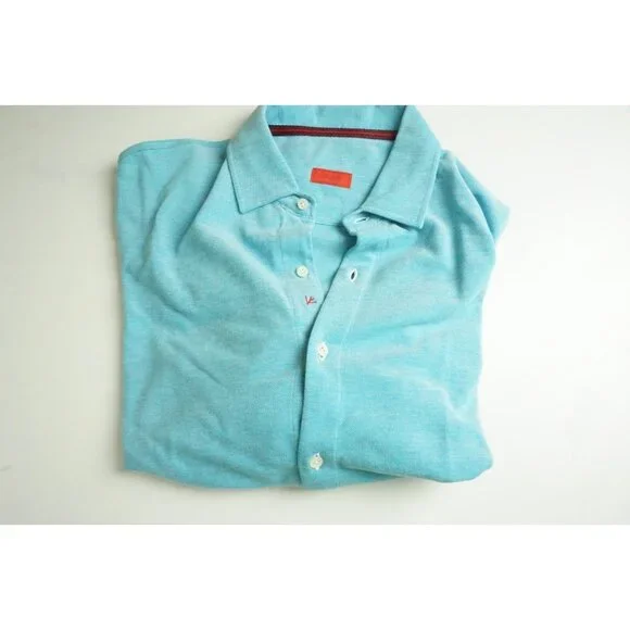 Isaia Solid Blue Green Woven Long Sleeve Cotton Button Up Polo Shirt M BRAND NEW